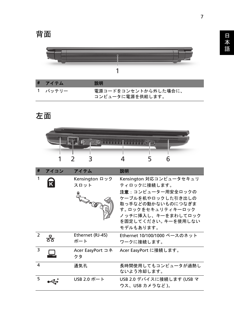 背面 左面 | Acer TravelMate 8172Z User Manual | Page 261 / 314
