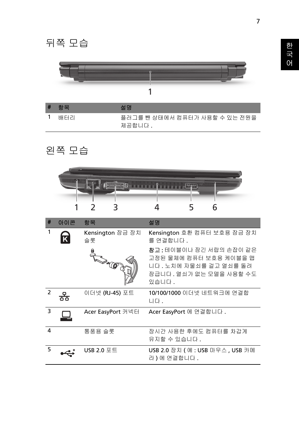 뒤쪽 모습, 왼쪽 모습, 뒤쪽 모습 왼쪽 모습 | Acer TravelMate 8172Z User Manual | Page 271 / 314