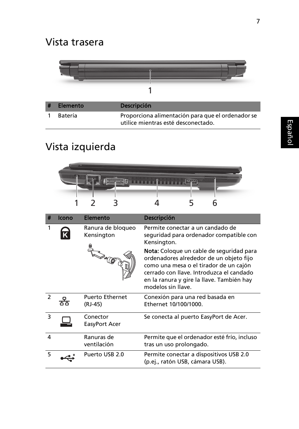 Vista trasera, Vista izquierda, Vista trasera vista izquierda | Acer TravelMate 8172Z User Manual | Page 49 / 314