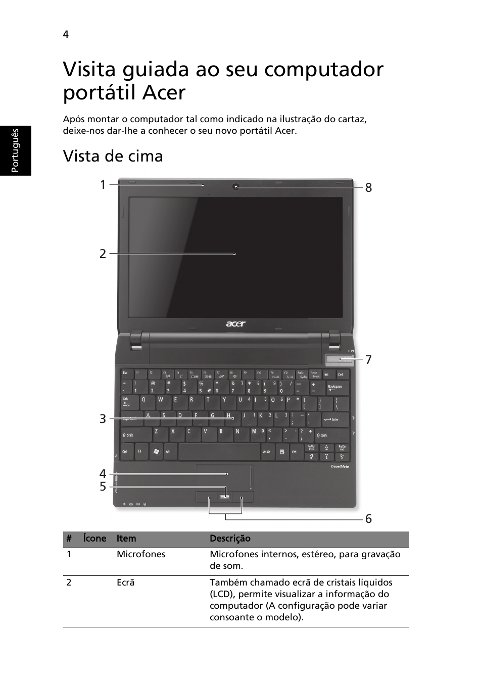 Visita guiada ao seu computador portátil acer, Vista de cima | Acer TravelMate 8172Z User Manual | Page 58 / 314