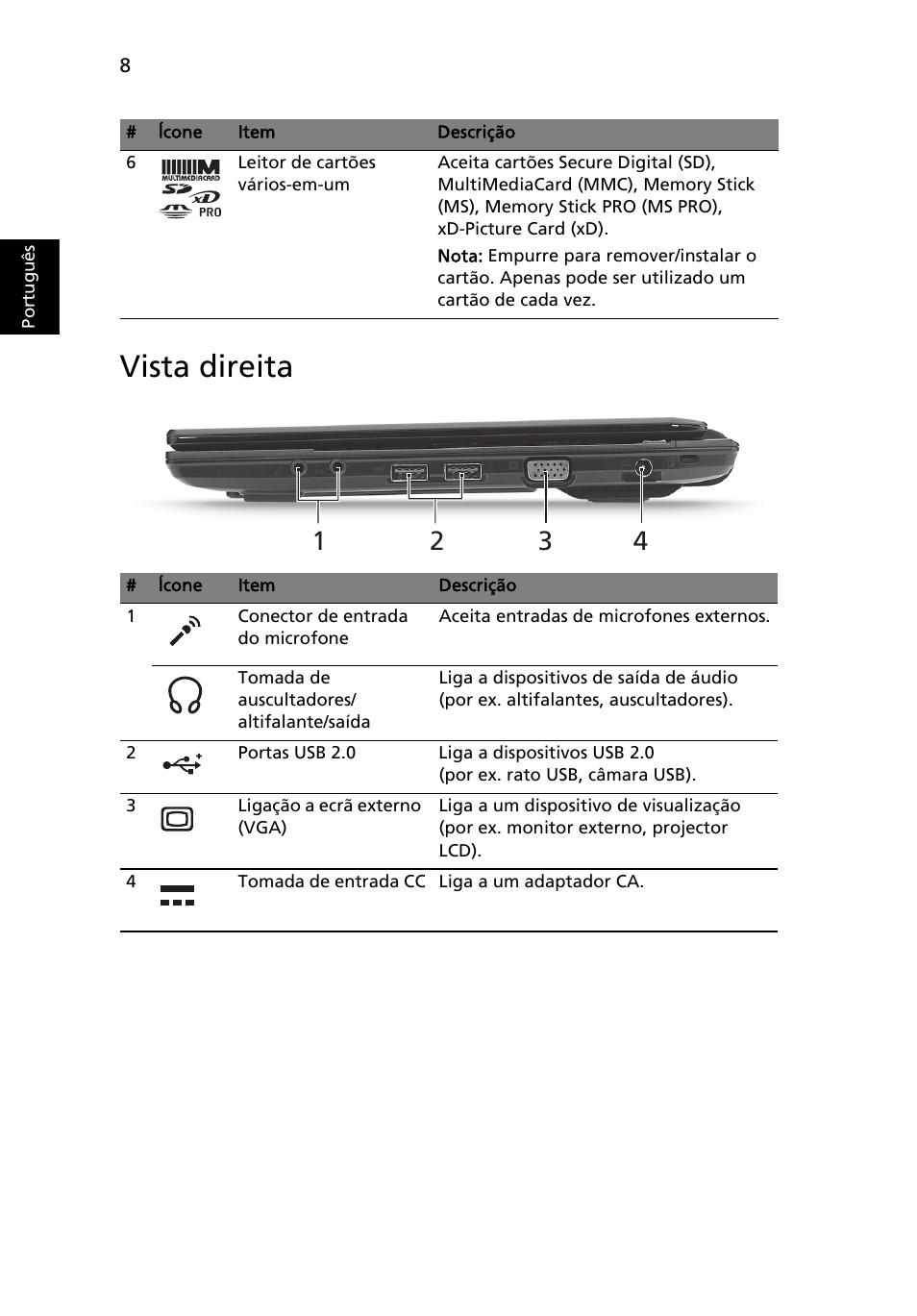 Vista direita | Acer TravelMate 8172Z User Manual | Page 62 / 314