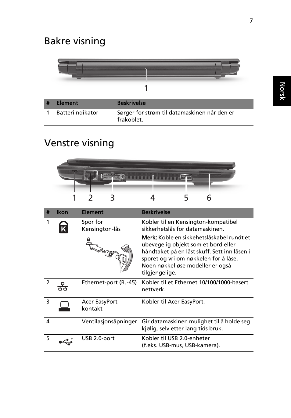 Bakre visning, Venstre visning, Bakre visning venstre visning | Acer TravelMate 8172Z User Manual | Page 81 / 314