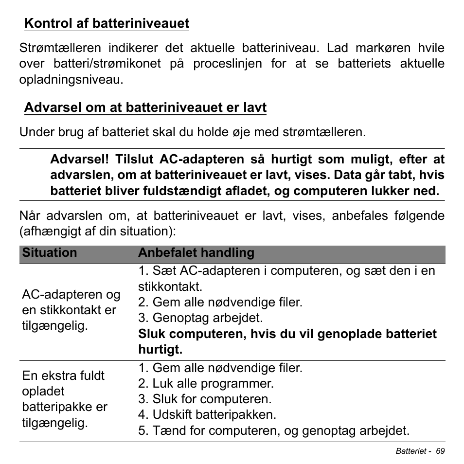 Kontrol af batteriniveauet, Advarsel om at batteriniveauet er lavt | Acer Aspire V5-471PG User Manual | Page 1019 / 3492