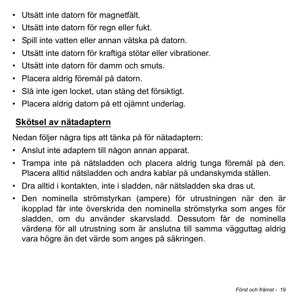 Skötsel av nätadaptern | Acer Aspire V5-471PG User Manual | Page 1081 / 3492