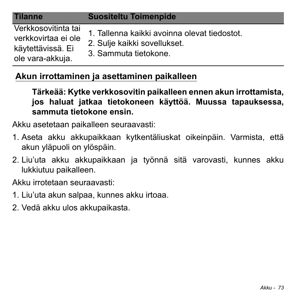 Akun irrottaminen ja asettaminen paikalleen | Acer Aspire V5-471PG User Manual | Page 1245 / 3492