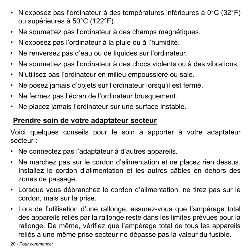 Prendre soin de votre adaptateur secteur | Acer Aspire V5-471PG User Manual | Page 132 / 3492
