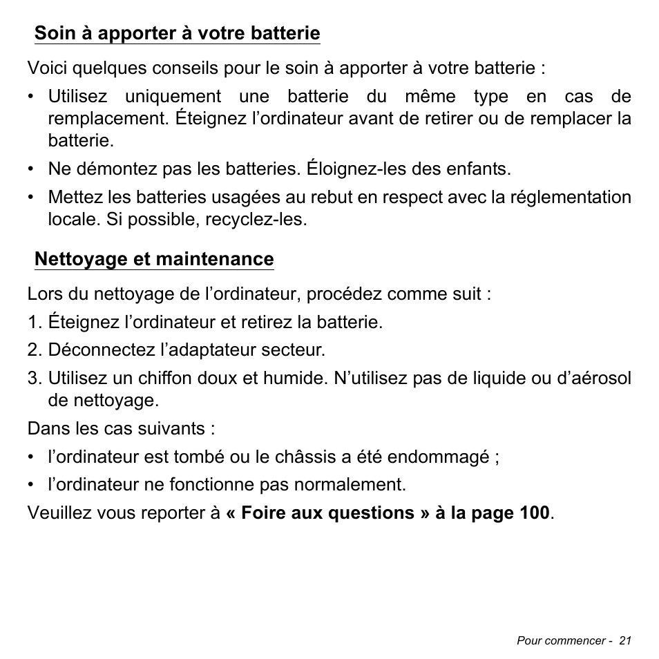 Soin à apporter à votre batterie, Nettoyage et maintenance | Acer Aspire V5-471PG User Manual | Page 133 / 3492