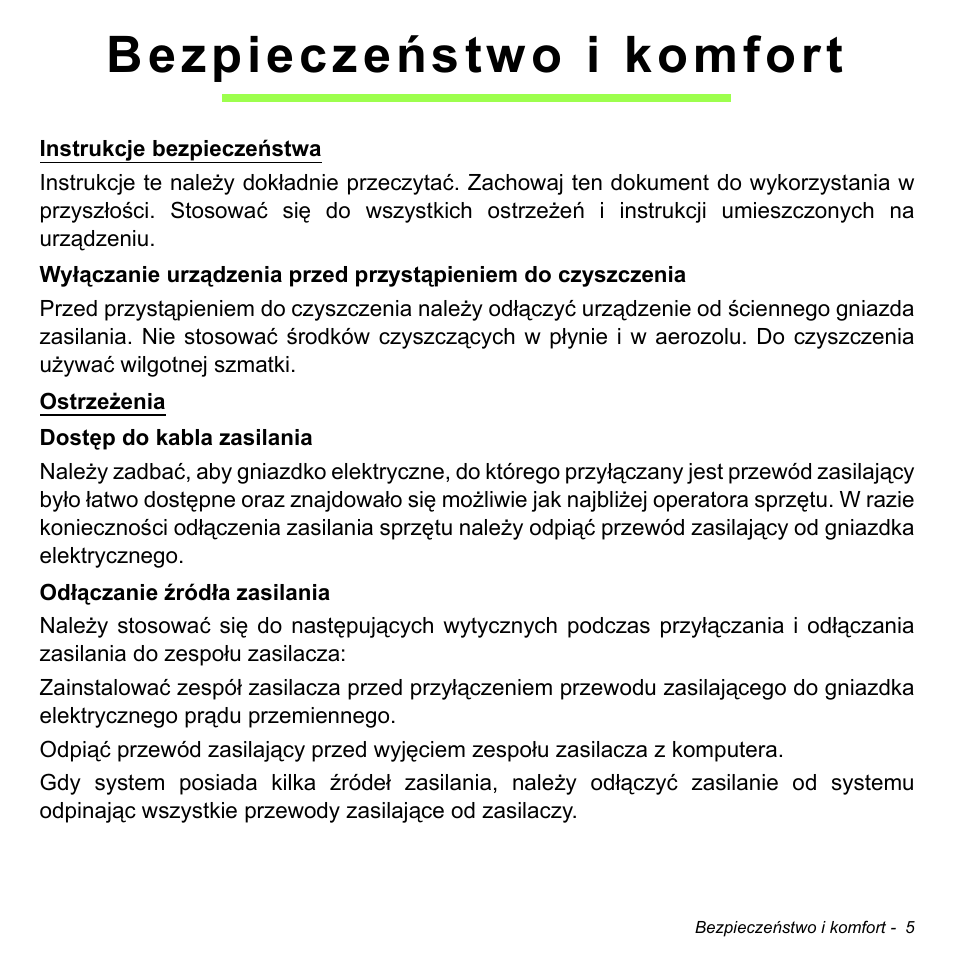 Bezpieczeństwo i komfort | Acer Aspire V5-471PG User Manual | Page 1423 / 3492