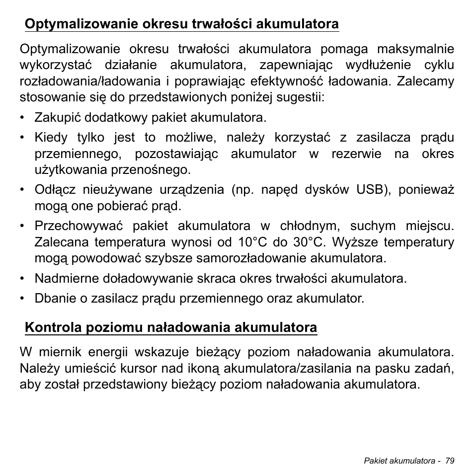 Optymalizowanie okresu trwałości akumulatora, Kontrola poziomu naładowania akumulatora | Acer Aspire V5-471PG User Manual | Page 1497 / 3492