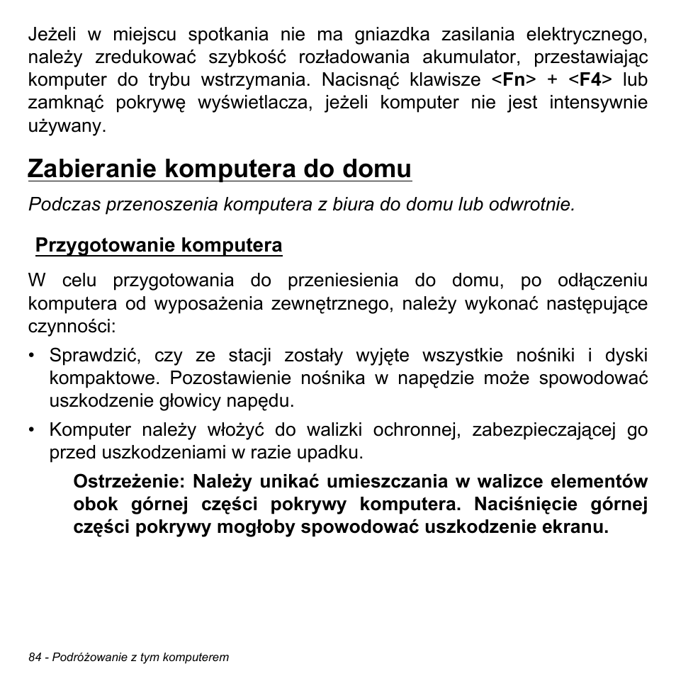 Zabieranie komputera do domu, Przygotowanie komputera | Acer Aspire V5-471PG User Manual | Page 1502 / 3492