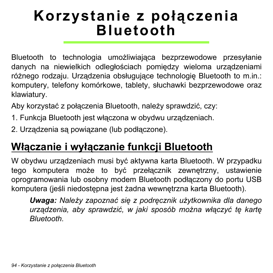 Korzystanie z połączenia bluetooth, Włączanie i wyłączanie funkcji bluetooth, Korzystanie z połączenia bluetooth 94 | Acer Aspire V5-471PG User Manual | Page 1512 / 3492