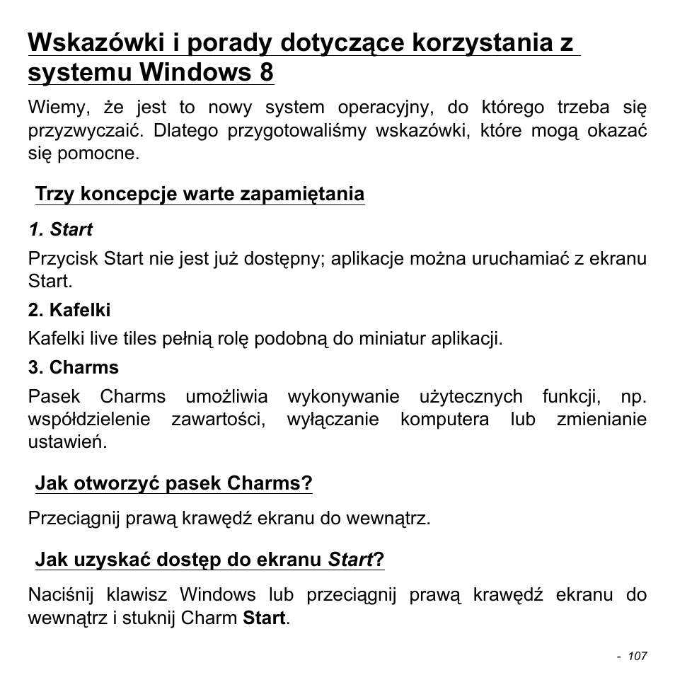 Trzy koncepcje warte zapamiętania, Jak otworzyć pasek charms, Jak uzyskać dostęp do ekranu start | Acer Aspire V5-471PG User Manual | Page 1525 / 3492