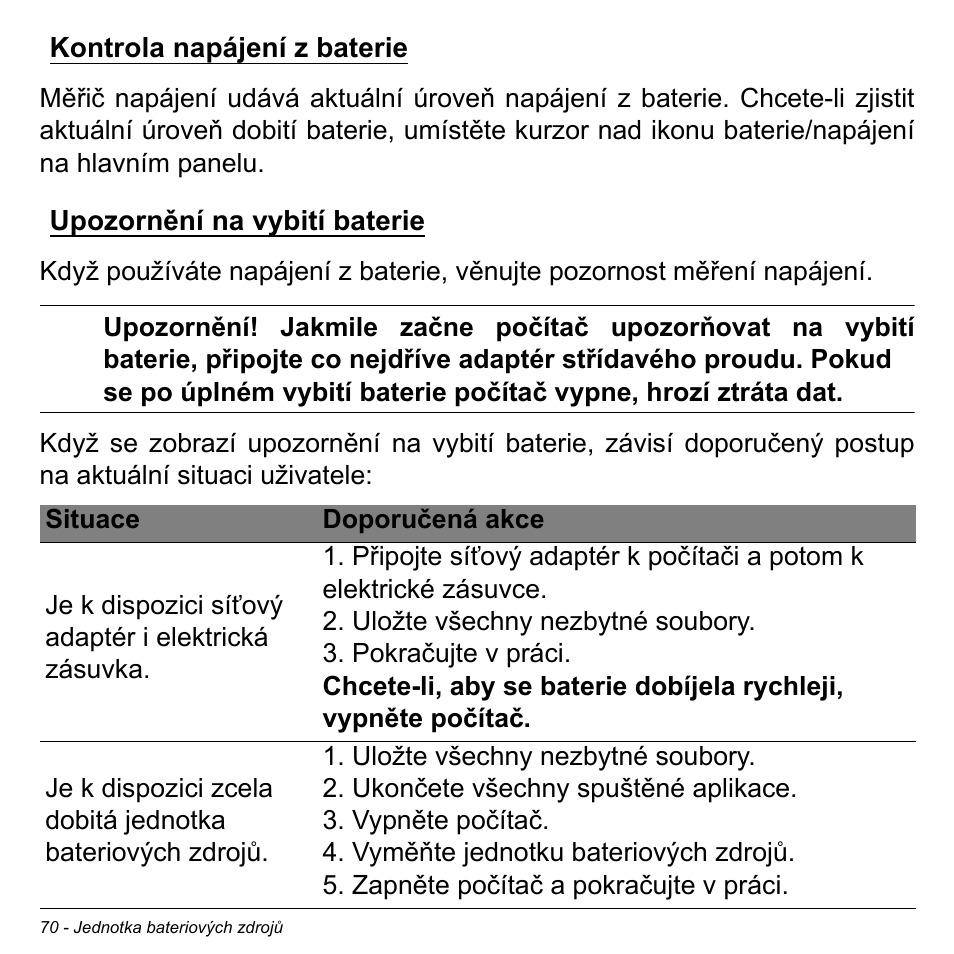 Kontrola napájení z baterie, Upozornění na vybití baterie | Acer Aspire V5-471PG User Manual | Page 1738 / 3492