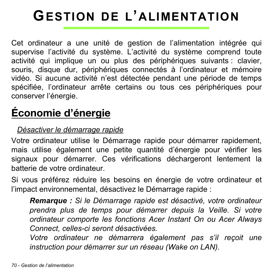 Gestion de l’alimentation, Économie d’énergie, Estion | Alimentation | Acer Aspire V5-471PG User Manual | Page 182 / 3492