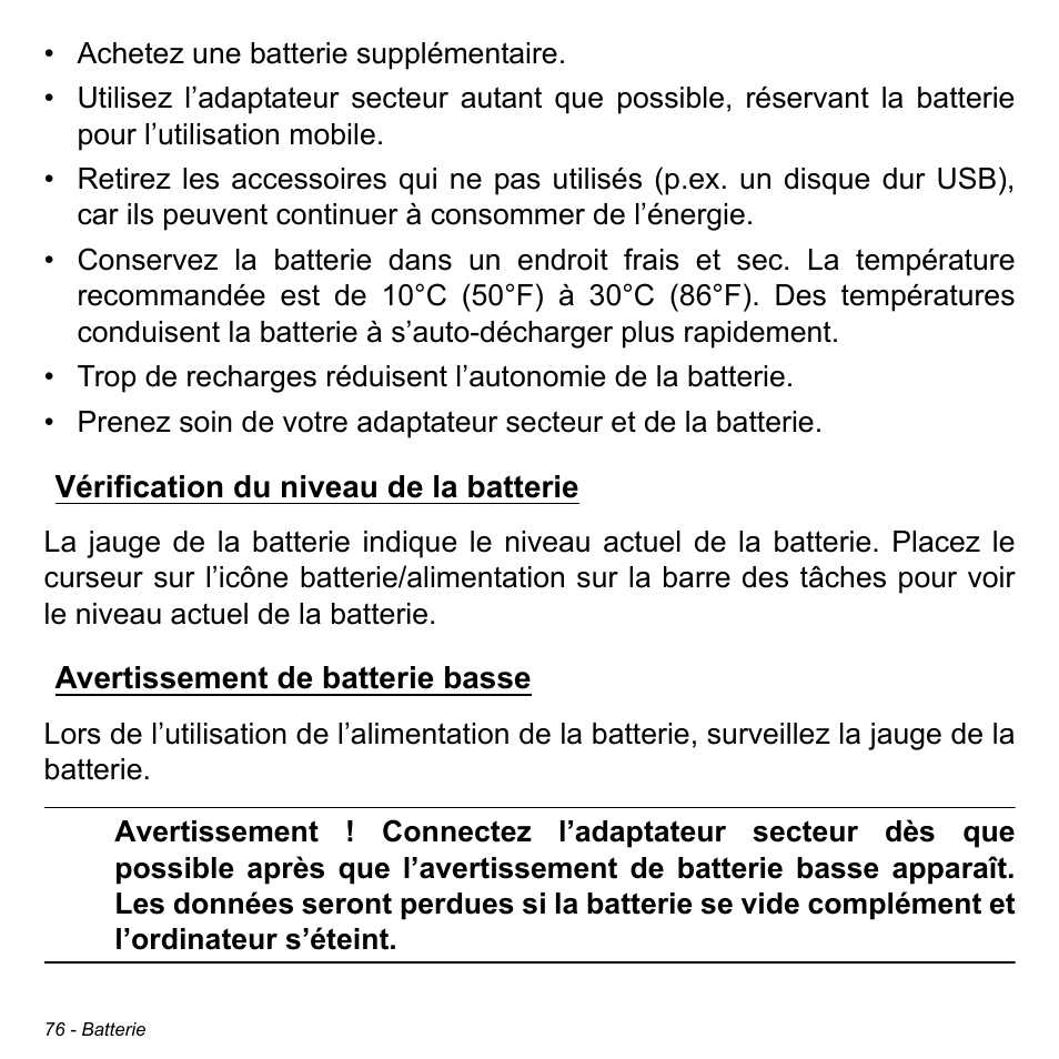 Vérification du niveau de la batterie, Avertissement de batterie basse | Acer Aspire V5-471PG User Manual | Page 188 / 3492