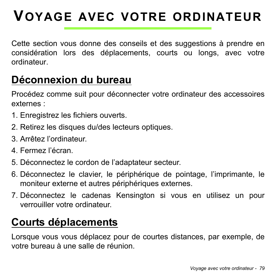 Voyage avec votre ordinateur, Déconnexion du bureau, Courts déplacements | Déconnexion du bureau courts déplacements, Oyage, Avec, Votre, Ordinateur | Acer Aspire V5-471PG User Manual | Page 191 / 3492