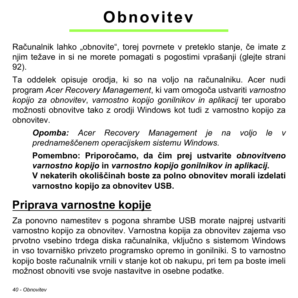 Obnovitev, Priprava varnostne kopije | Acer Aspire V5-471PG User Manual | Page 1936 / 3492