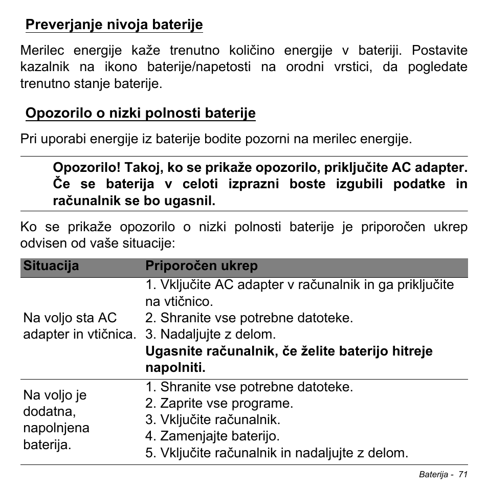 Preverjanje nivoja baterije, Opozorilo o nizki polnosti baterije | Acer Aspire V5-471PG User Manual | Page 1967 / 3492