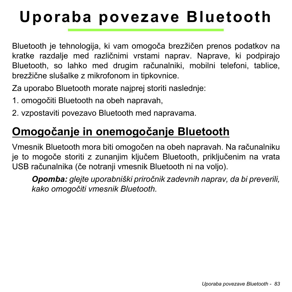 Uporaba povezave bluetooth, Omogočanje in onemogočanje bluetooth | Acer Aspire V5-471PG User Manual | Page 1979 / 3492