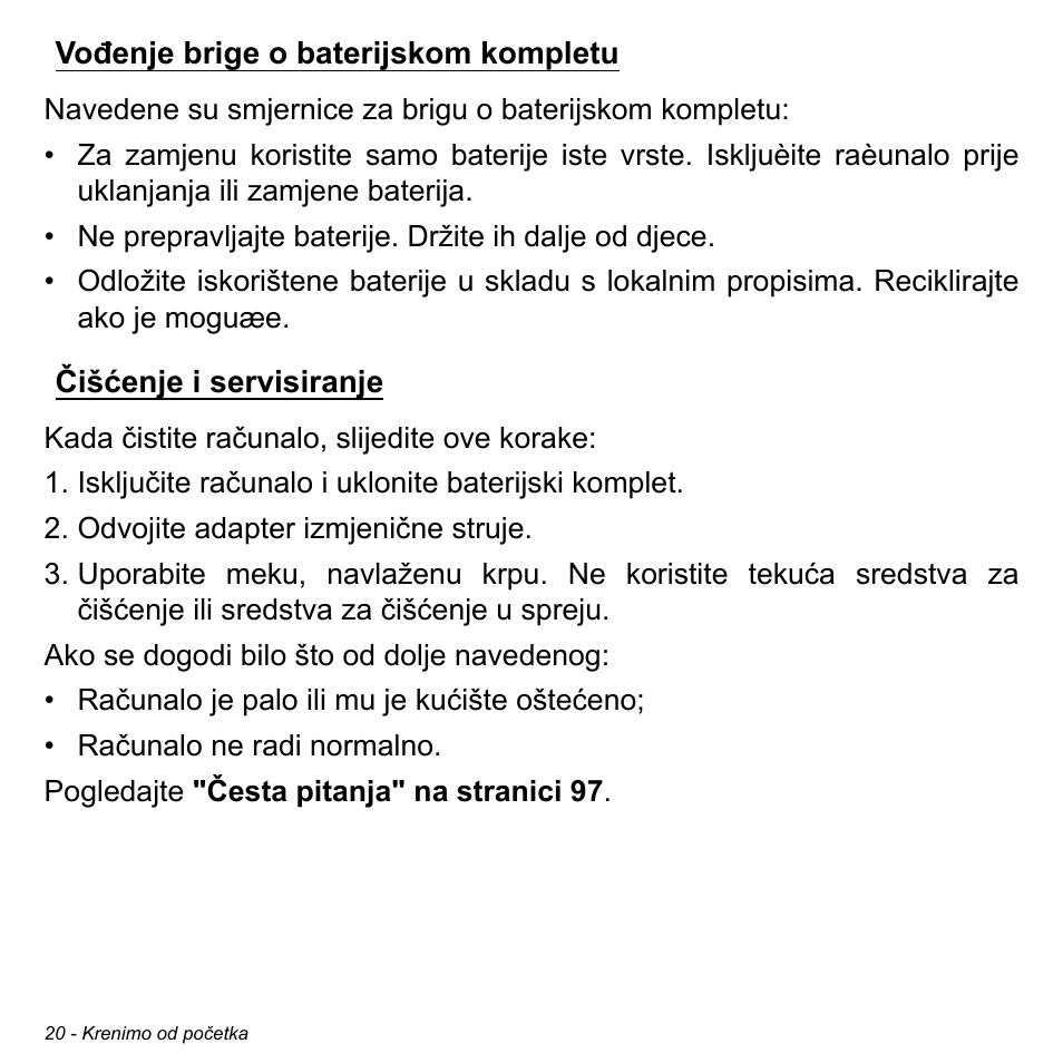 Vođenje brige o baterijskom kompletu, Čišćenje i servisiranje | Acer Aspire V5-471PG User Manual | Page 2028 / 3492