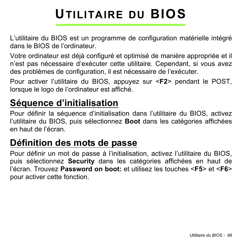 Utilitaire du bios, Séquence d’initialisation, Définition des mots de passe | Bios, Tilitaire | Acer Aspire V5-471PG User Manual | Page 211 / 3492