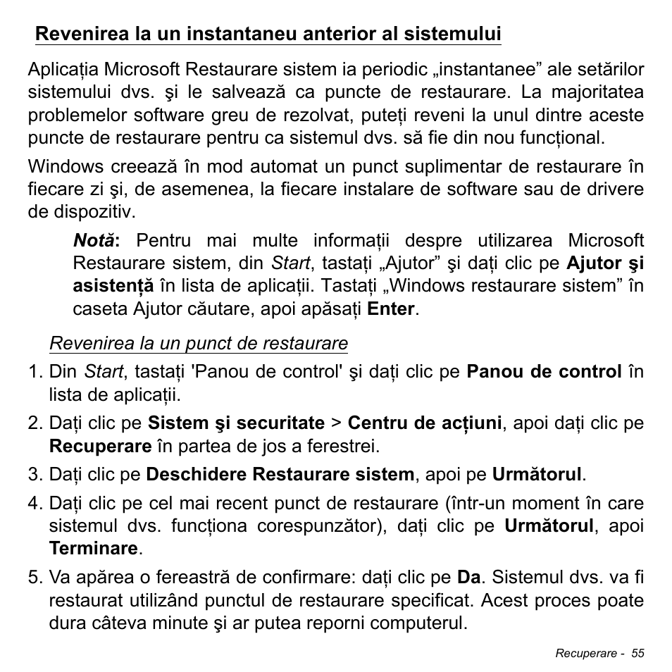 Revenirea la un instantaneu anterior al sistemului | Acer Aspire V5-471PG User Manual | Page 2181 / 3492