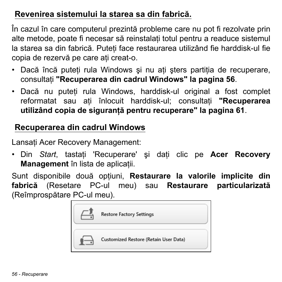 Revenirea sistemului la starea sa din fabrică, Recuperarea din cadrul windows | Acer Aspire V5-471PG User Manual | Page 2182 / 3492