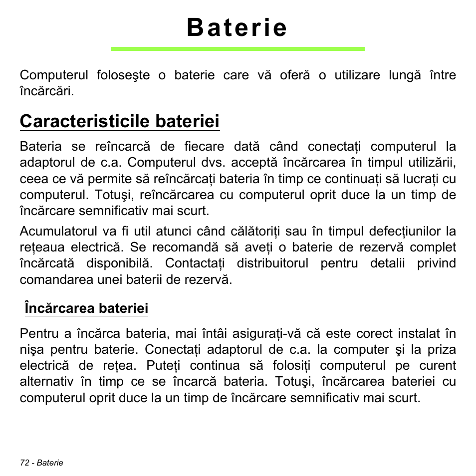 Baterie, Caracteristicile bateriei, Încărcarea bateriei | Acer Aspire V5-471PG User Manual | Page 2198 / 3492