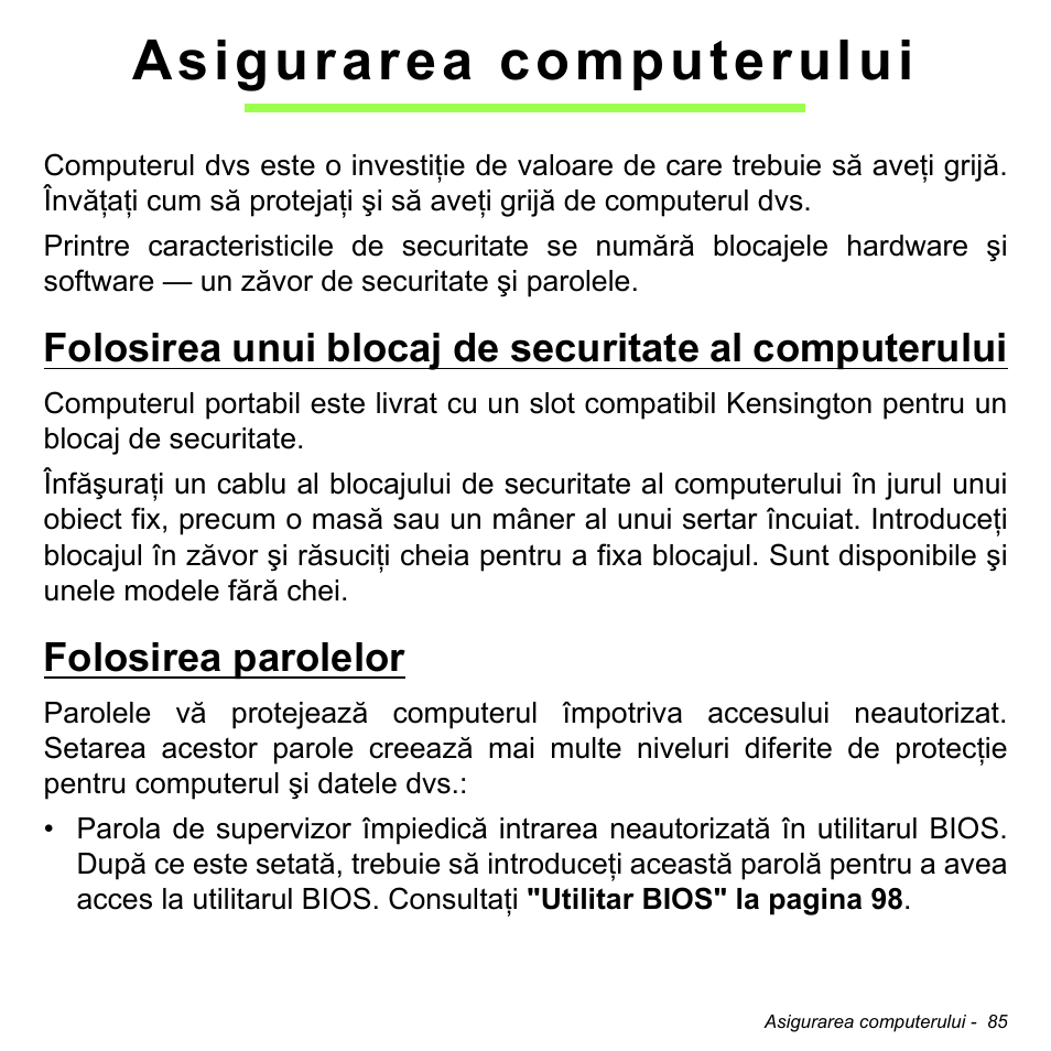 Asigurarea computerului, Folosirea parolelor | Acer Aspire V5-471PG User Manual | Page 2211 / 3492