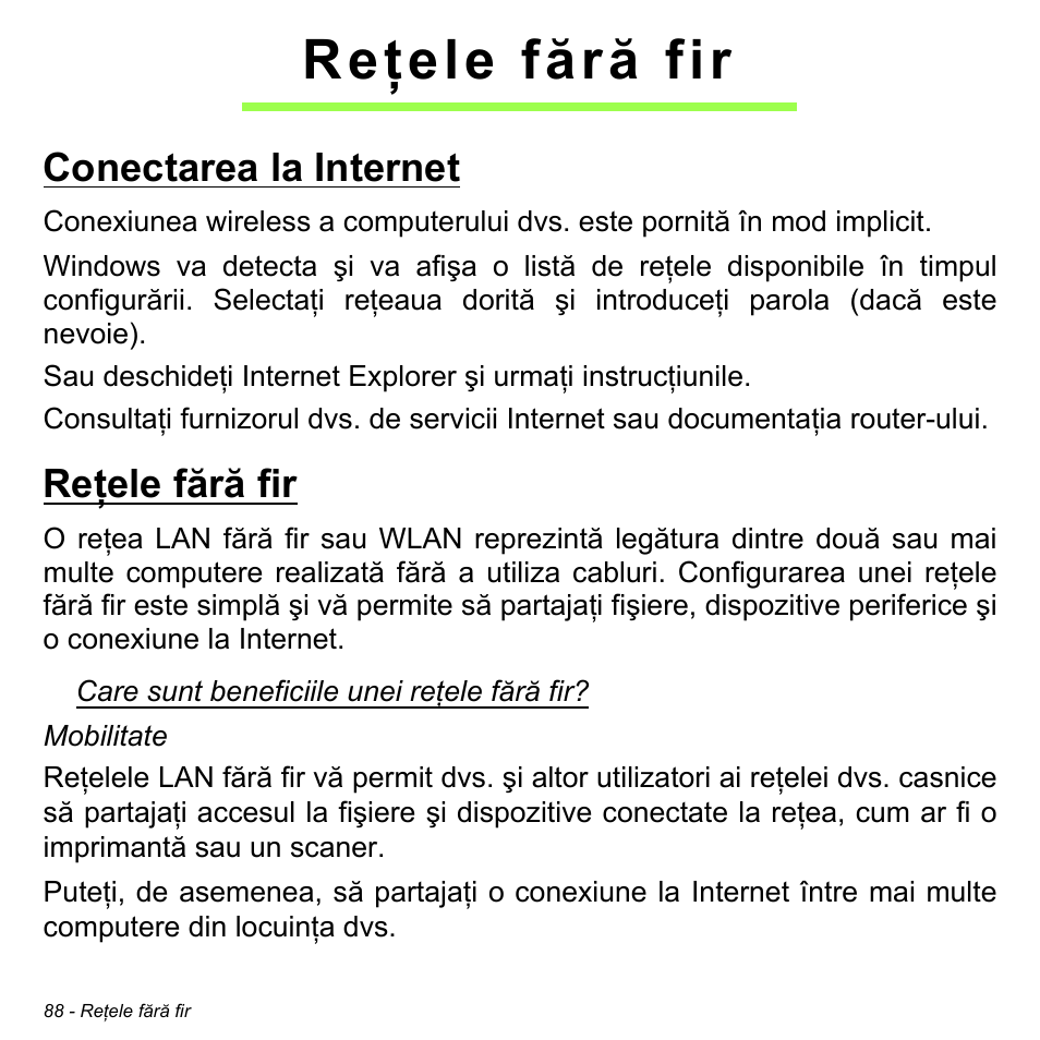 Reţele fără fir, Conectarea la internet, Conectarea la internet reţele fără fir | Acer Aspire V5-471PG User Manual | Page 2214 / 3492