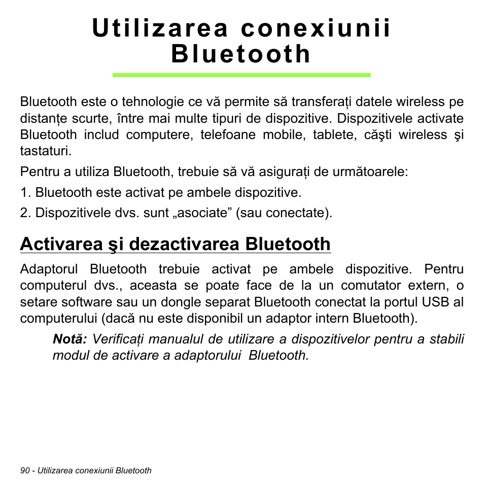 Utilizarea conexiunii bluetooth, Activarea şi dezactivarea bluetooth | Acer Aspire V5-471PG User Manual | Page 2216 / 3492