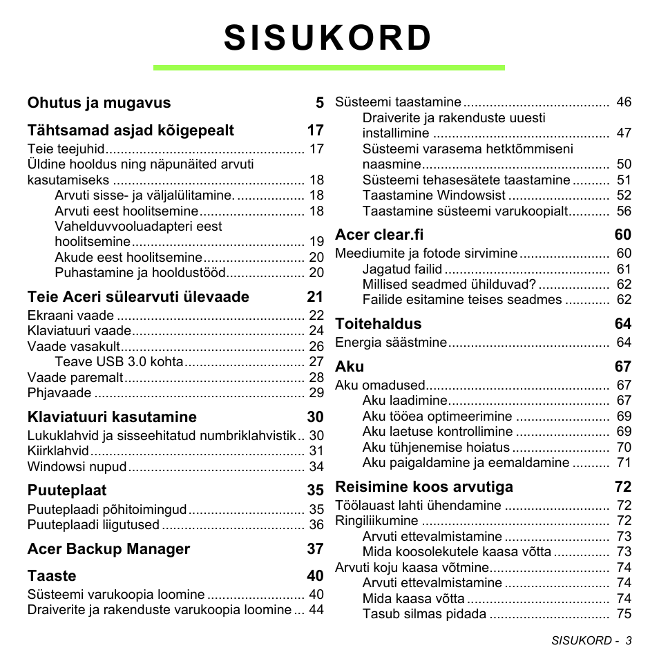 Sisukord | Acer Aspire V5-471PG User Manual | Page 2373 / 3492