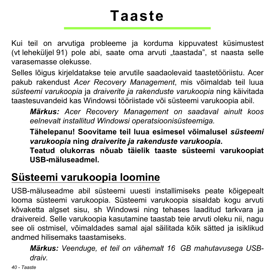 Taaste, Süsteemi varukoopia loomine | Acer Aspire V5-471PG User Manual | Page 2410 / 3492