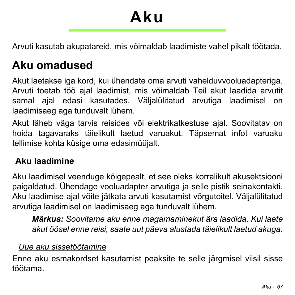 Aku omadused, Aku laadimine | Acer Aspire V5-471PG User Manual | Page 2437 / 3492