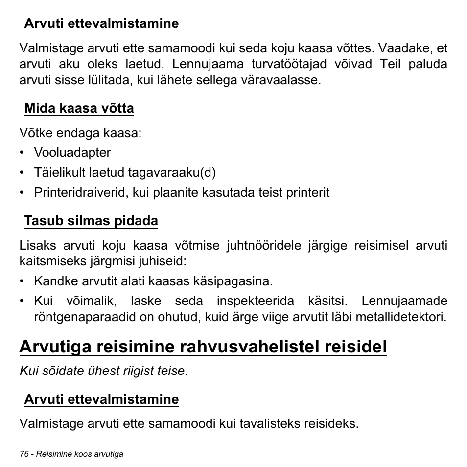 Arvuti ettevalmistamine, Mida kaasa võtta, Tasub silmas pidada | Arvutiga reisimine rahvusvahelistel reisidel | Acer Aspire V5-471PG User Manual | Page 2446 / 3492