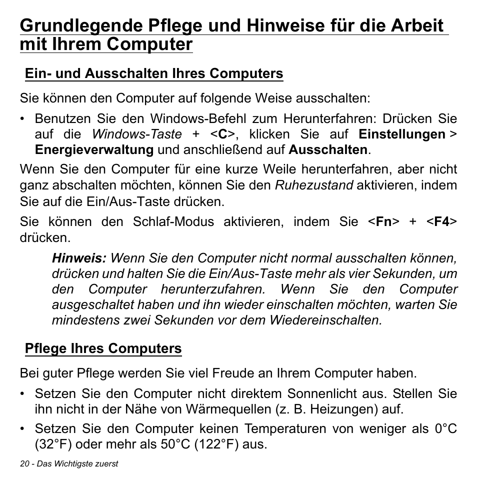 Ein- und ausschalten ihres computers, Pflege ihres computers | Acer Aspire V5-471PG User Manual | Page 254 / 3492