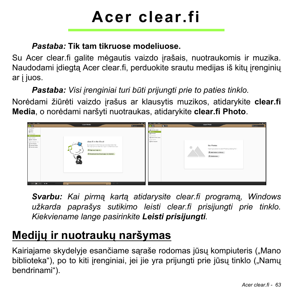 Acer clear.fi, Medijų ir nuotraukų naršymas | Acer Aspire V5-471PG User Manual | Page 2657 / 3492