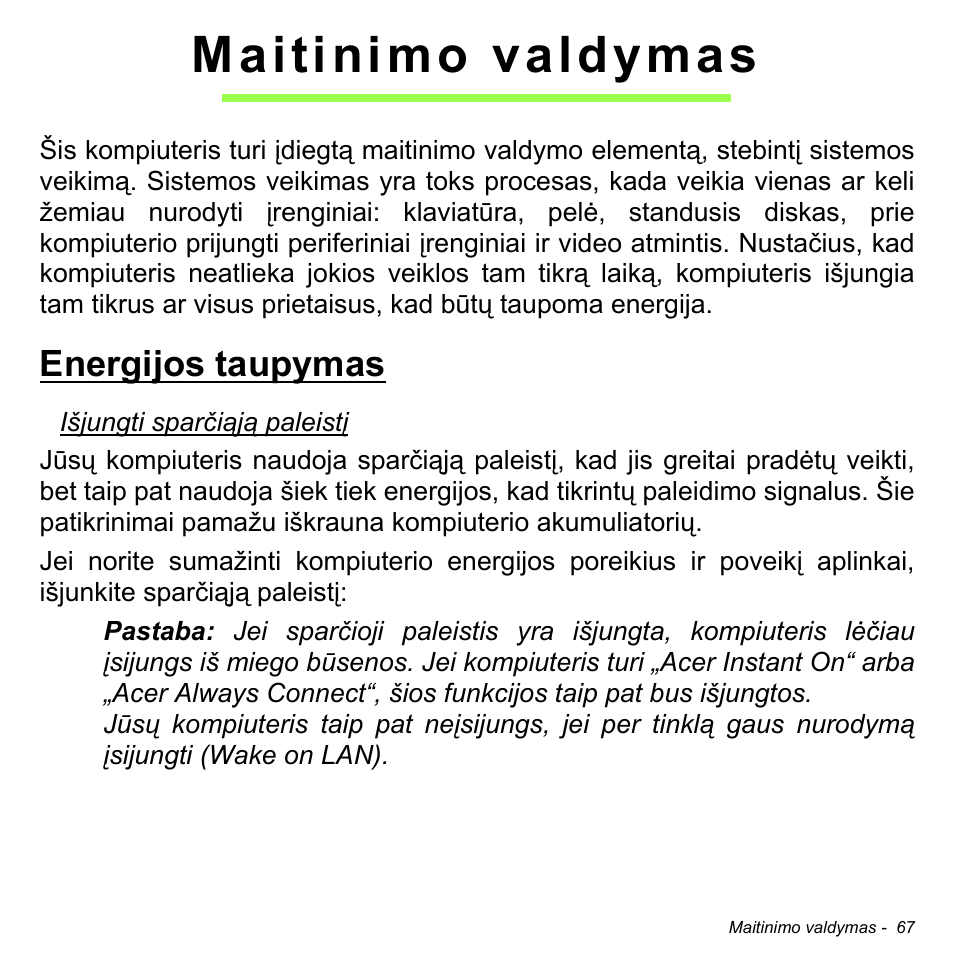 Maitinimo valdymas, Energijos taupymas | Acer Aspire V5-471PG User Manual | Page 2661 / 3492