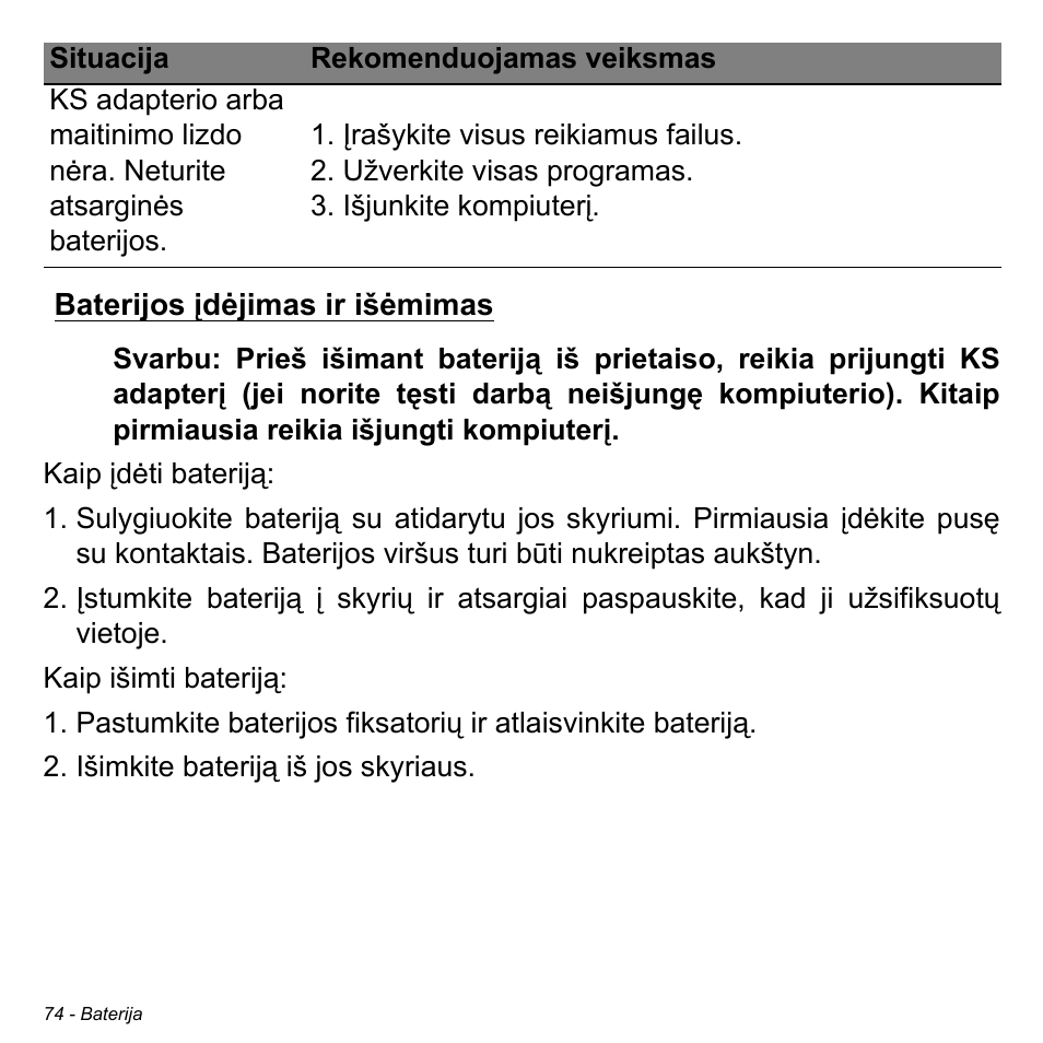 Baterijos įdėjimas ir išėmimas | Acer Aspire V5-471PG User Manual | Page 2668 / 3492