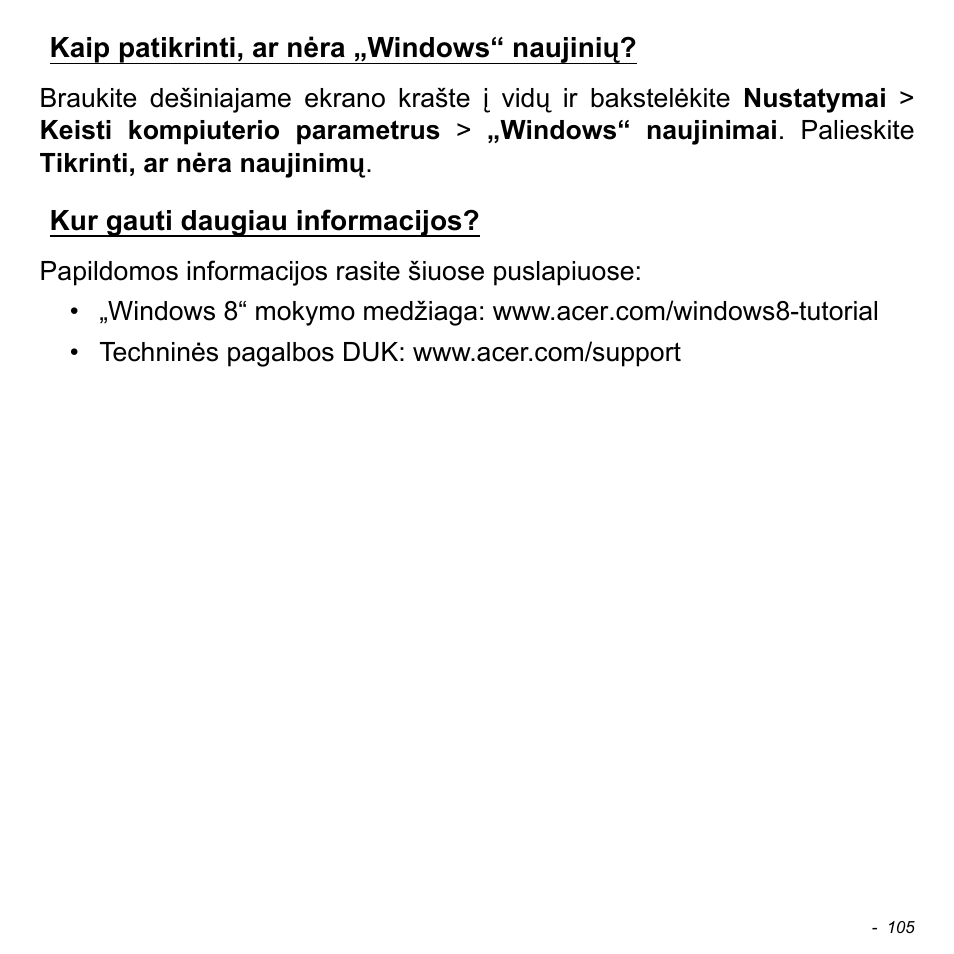 Kaip patikrinti, ar nėra „windows“ naujinių, Kur gauti daugiau informacijos | Acer Aspire V5-471PG User Manual | Page 2699 / 3492