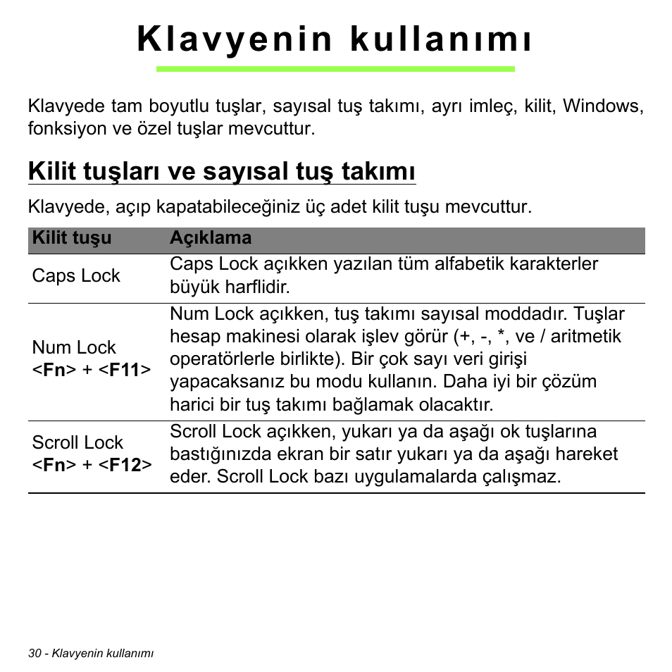 Klavyenin kullanımı, Kilit tuşları ve sayısal tuş takımı | Acer Aspire V5-471PG User Manual | Page 2874 / 3492