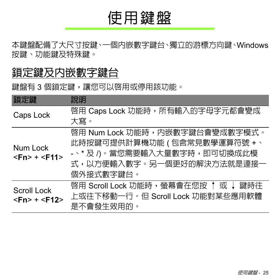 使用鍵盤, 鎖定鍵及內嵌數字鍵台, 使 用 鍵 盤 | Acer Aspire V5-471PG User Manual | Page 3089 / 3492
