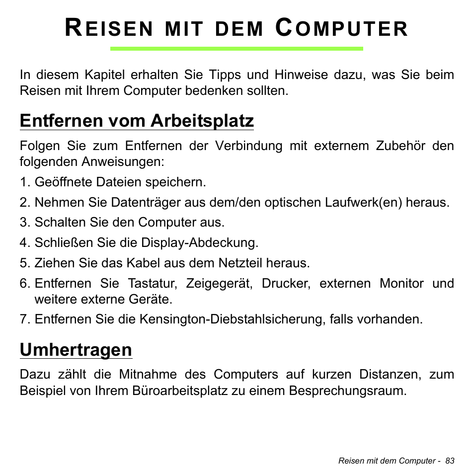 Reisen mit dem computer, Entfernen vom arbeitsplatz, Umhertragen | Entfernen vom arbeitsplatz umhertragen, Eisen, Omputer | Acer Aspire V5-471PG User Manual | Page 317 / 3492