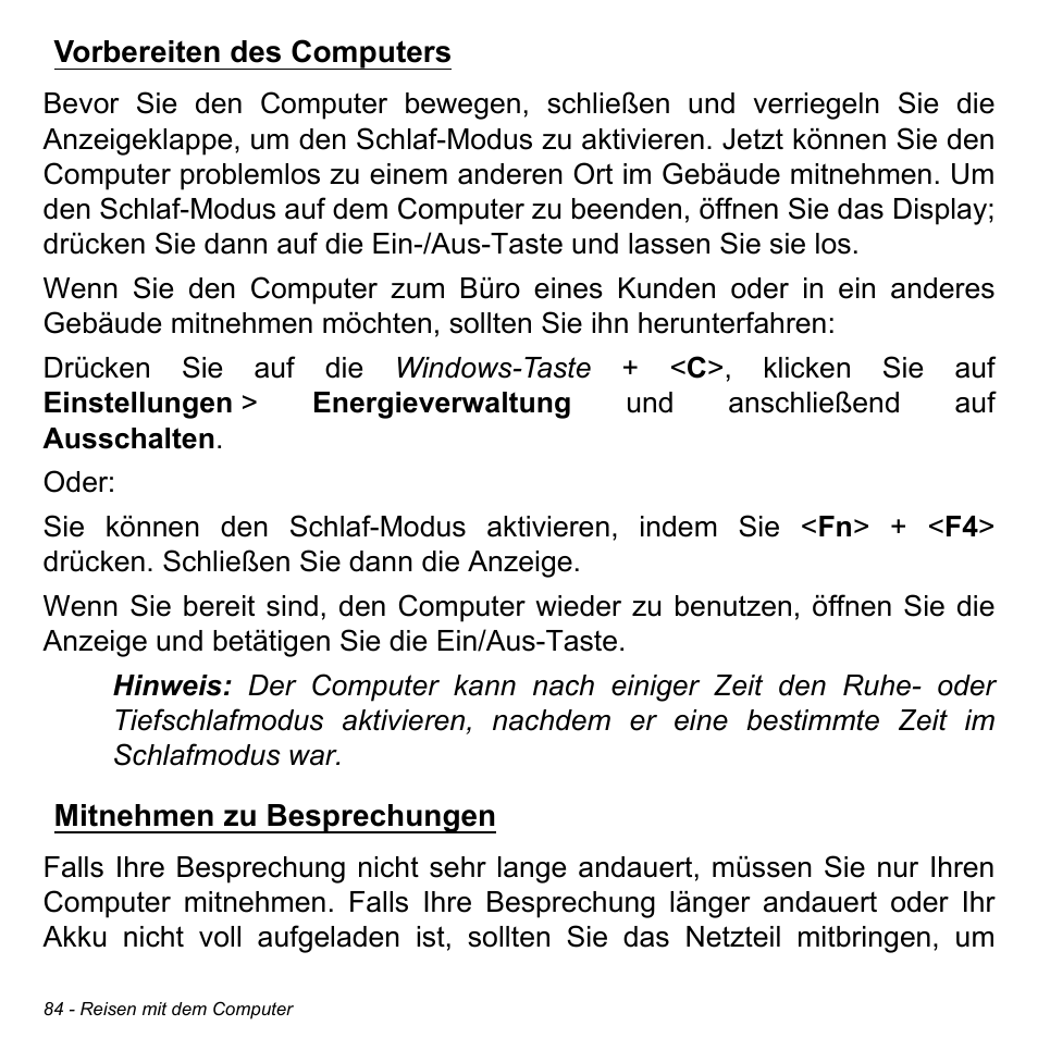 Vorbereiten des computers, Mitnehmen zu besprechungen | Acer Aspire V5-471PG User Manual | Page 318 / 3492