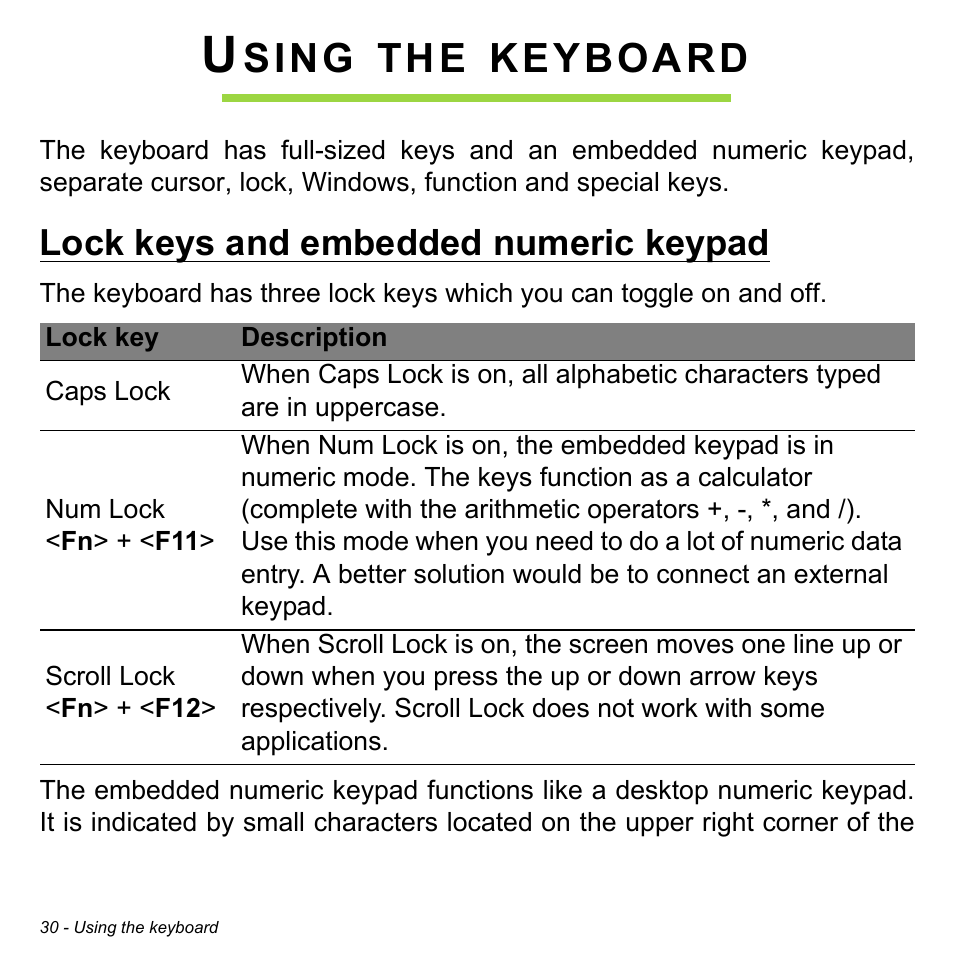 Using the keyboard, Lock keys and embedded numeric keypad, Sing | Keyboard | Acer Aspire V5-471PG User Manual | Page 32 / 3492