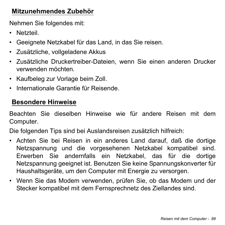 Mitzunehmendes zubehör, Besondere hinweise, Mitzunehmendes zubehör besondere hinweise | Acer Aspire V5-471PG User Manual | Page 323 / 3492