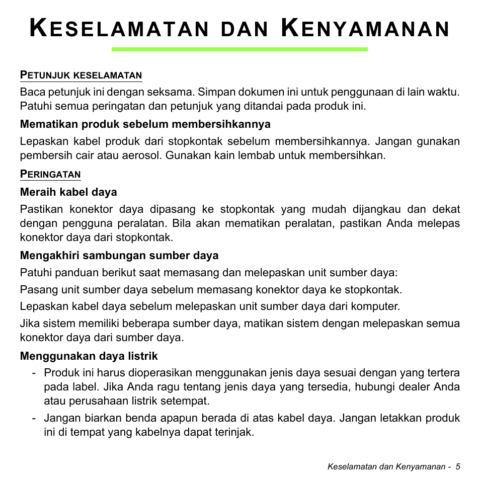 Keselamatan dan kenyamanan, Eselamatan, Enyamanan | Acer Aspire V5-471PG User Manual | Page 3263 / 3492