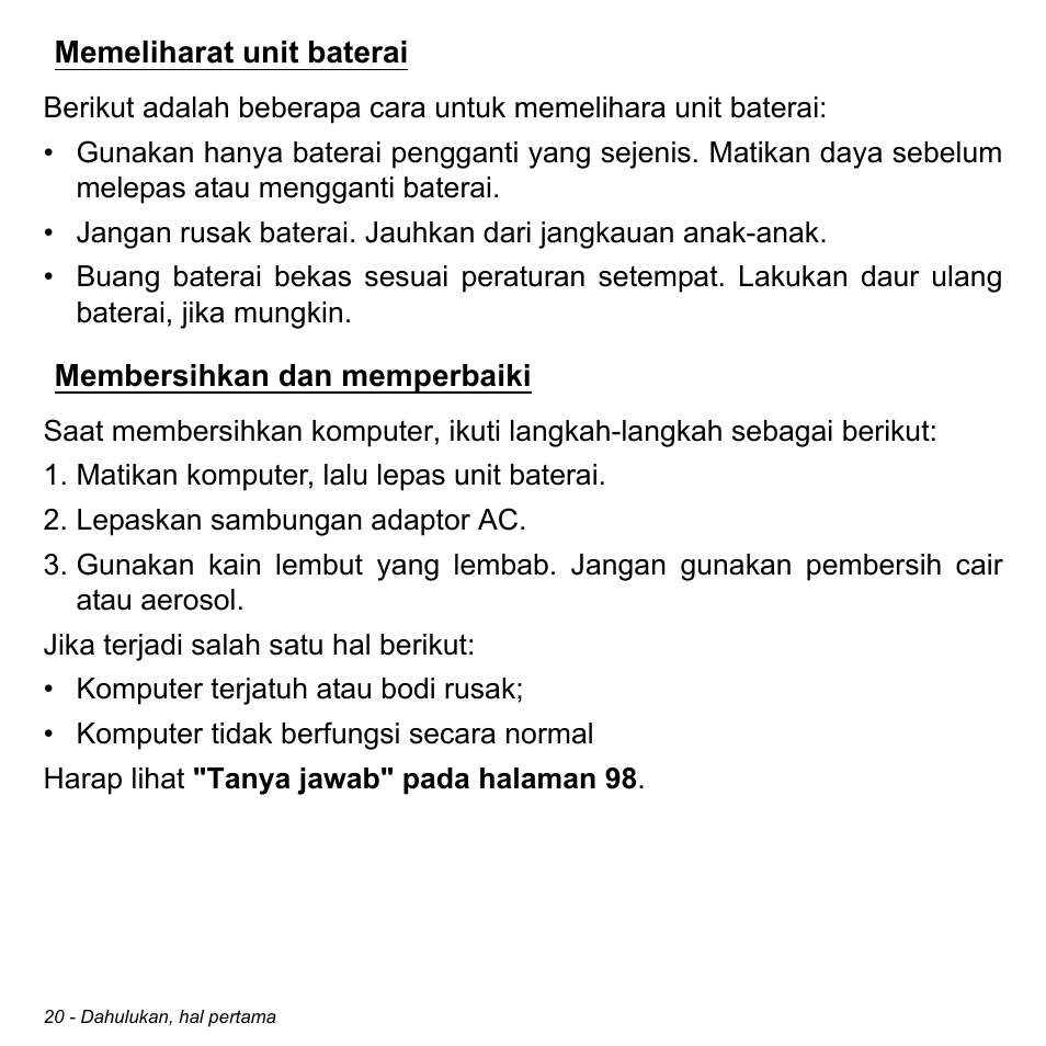 Memeliharat unit baterai, Membersihkan dan memperbaiki | Acer Aspire V5-471PG User Manual | Page 3278 / 3492