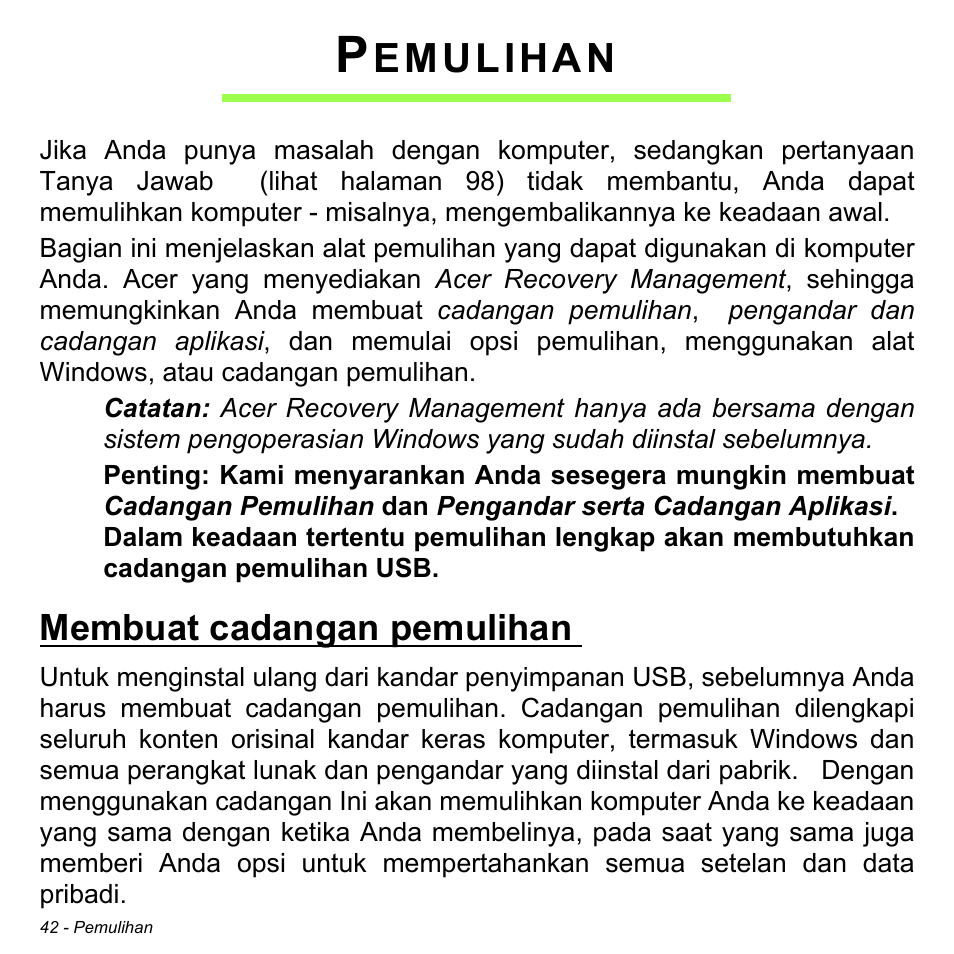 Pemulihan, Membuat cadangan pemulihan, Emulihan | Acer Aspire V5-471PG User Manual | Page 3300 / 3492
