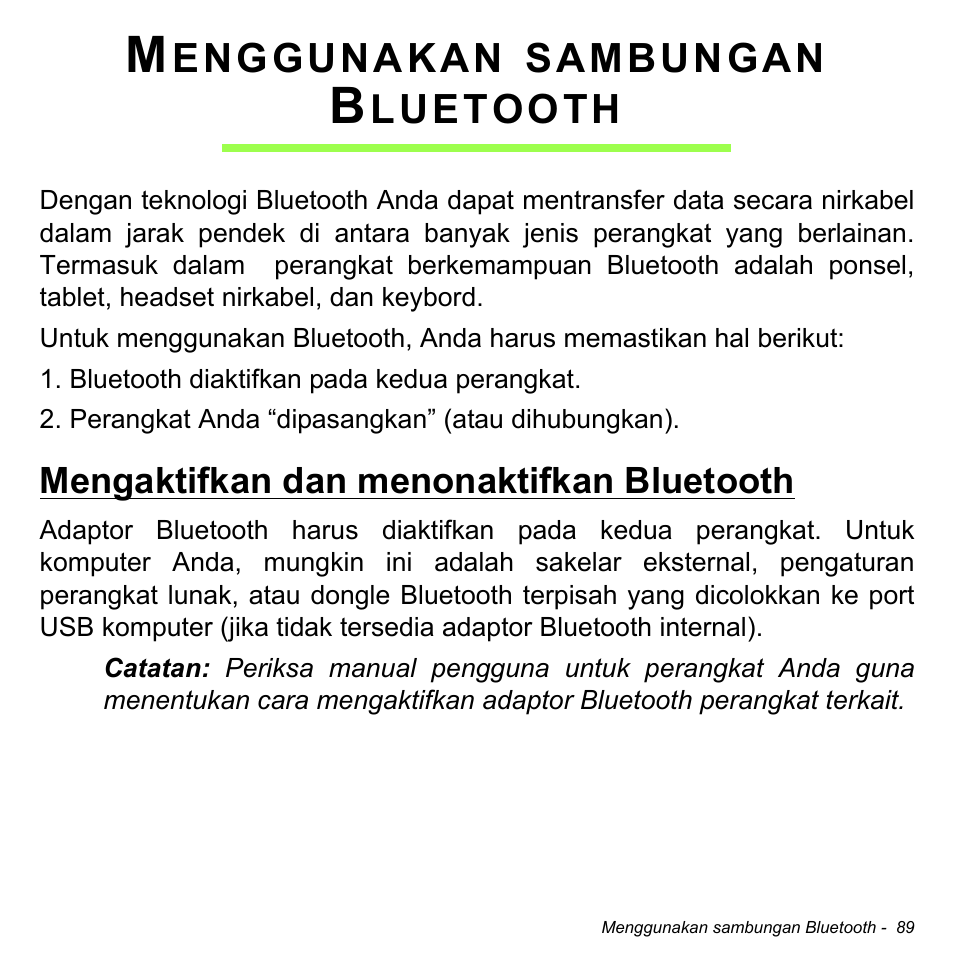 Menggunakan sambungan bluetooth, Mengaktifkan dan menonaktifkan bluetooth, Menggunakan sambungan | Bluetooth | Acer Aspire V5-471PG User Manual | Page 3347 / 3492